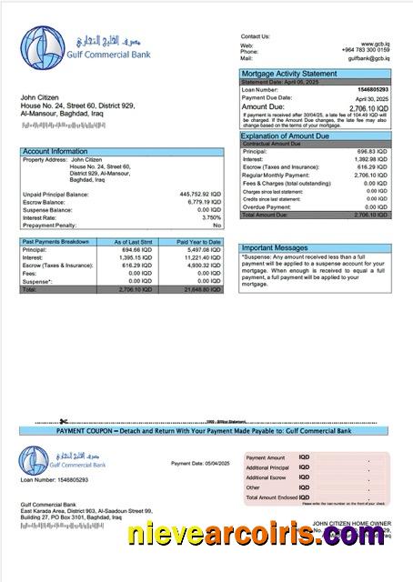 Iraq Gulf Commercial Bank mortgage statement Word and PDF template